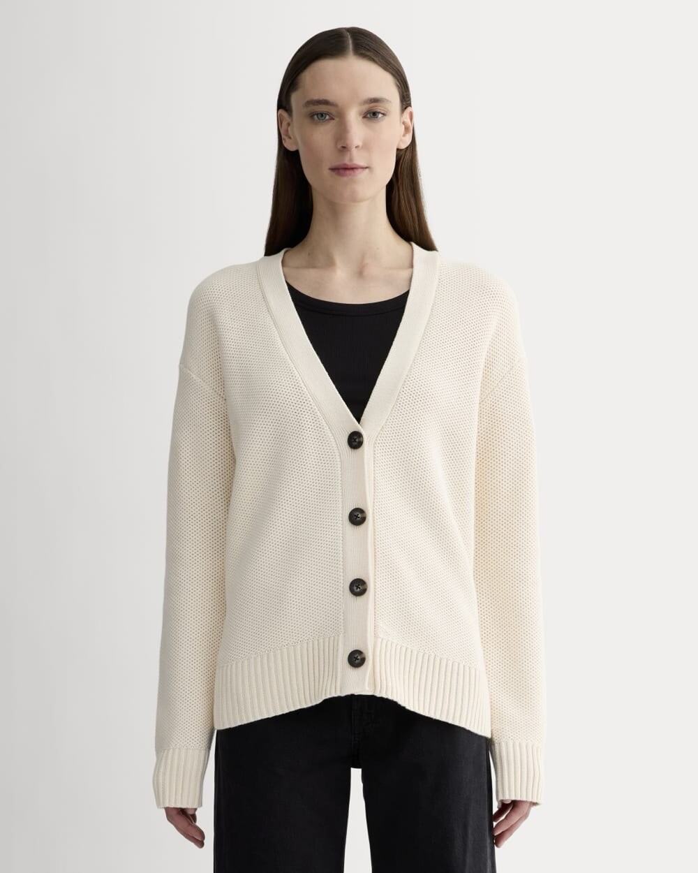 Everlane Cotton Ivory Canvas Cream Honeycomb Relaxed Cardigan Small